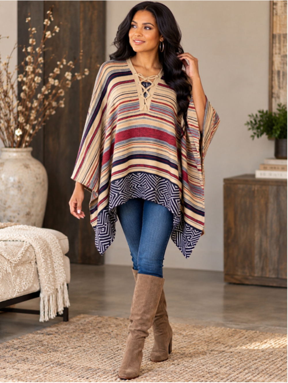 Janice Multi-Color Geometric Stripe Lace-Up Poncho | One Size